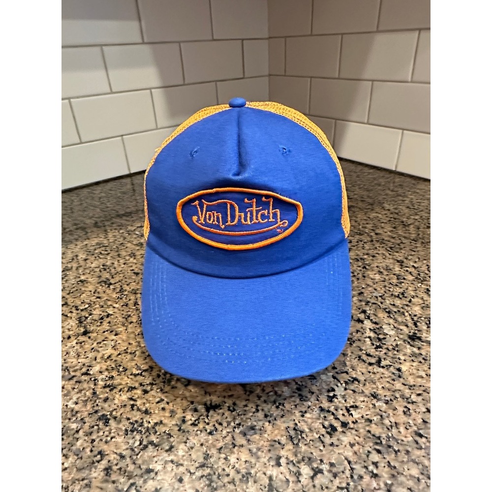 Von Dutch Originals Blue Orange Mesh Trucker Hat Snapback Embroidered Logo Y2K